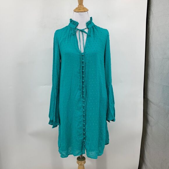Chelsea & Violet Shirt Dress Womens XS Extra Small Swiss Dot Bell Sleeve Keyhole - Picture 2 of 15